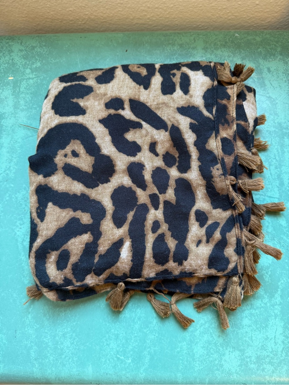 Leopard Print Tassel Scarf - Black & Brown 100% Viscose